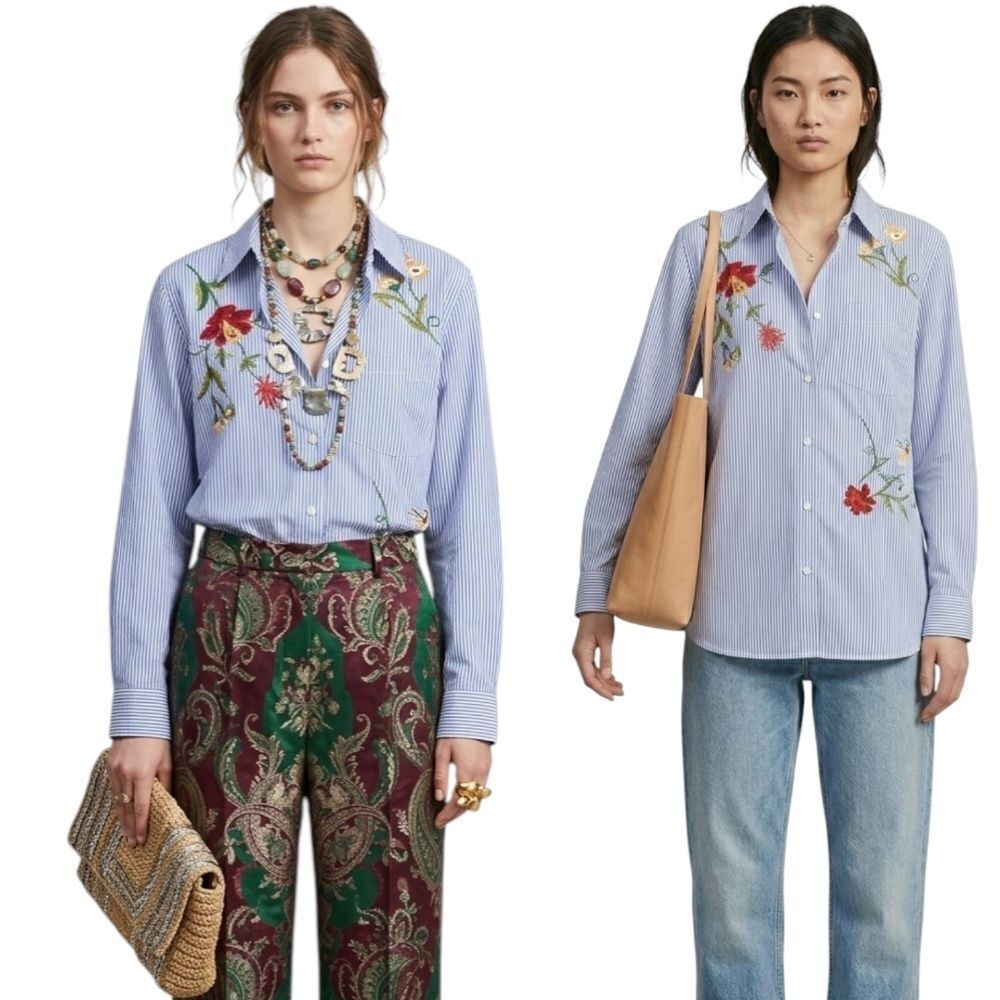 John Was Style Blue Striped Embroidered Floral Shirt Cotton M Relaxed Fit